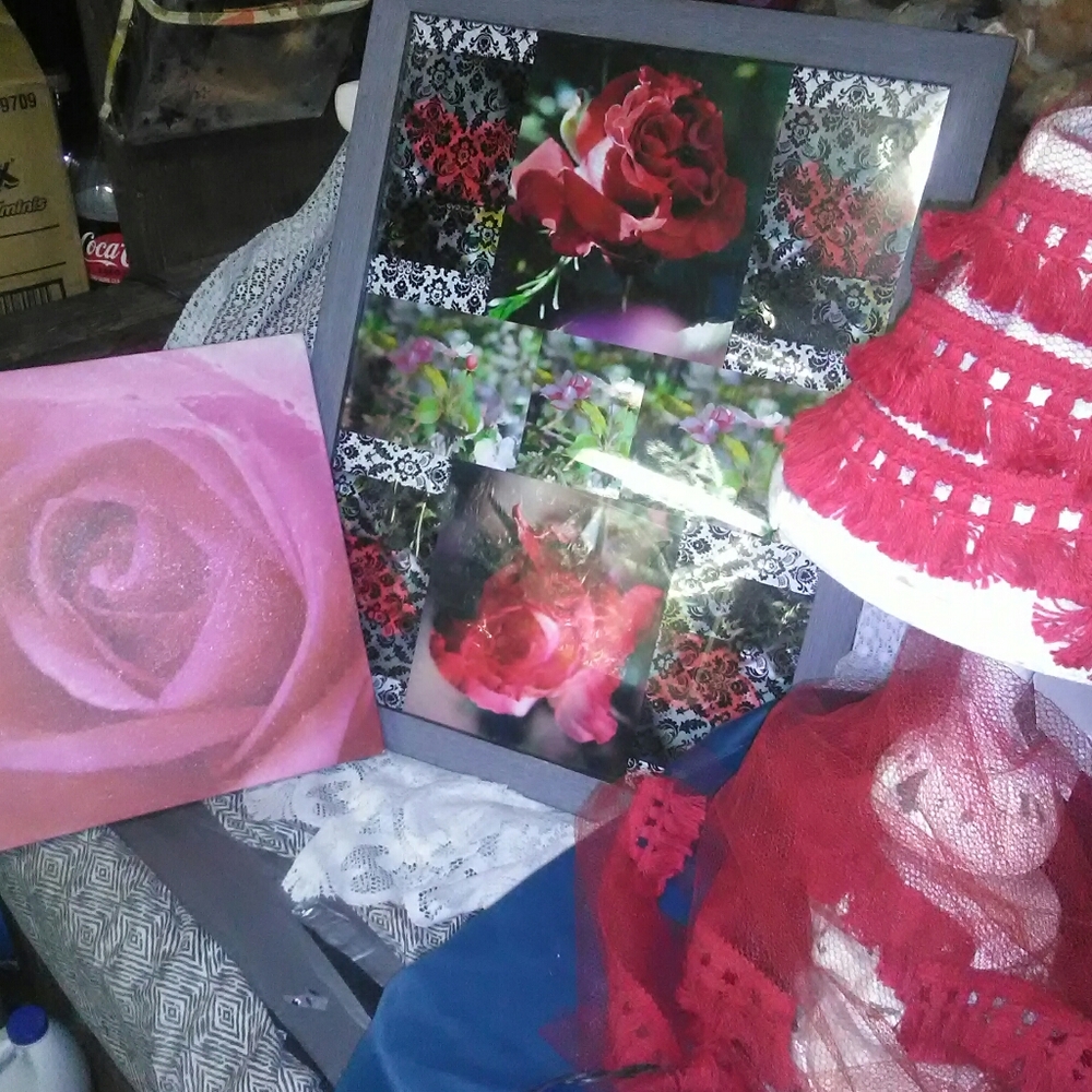Rose portrait, rose collage and Greco Roman lamp